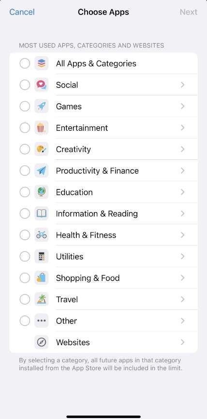  choose apps category to limit