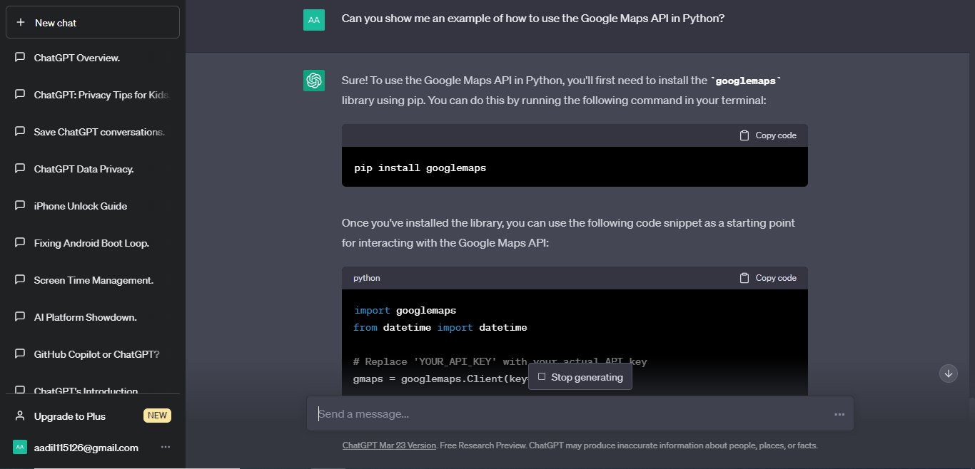 Asking ChatGPT for Google Maps integration in Python