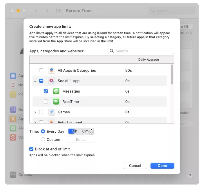 setting app limits with macbook parental controls
