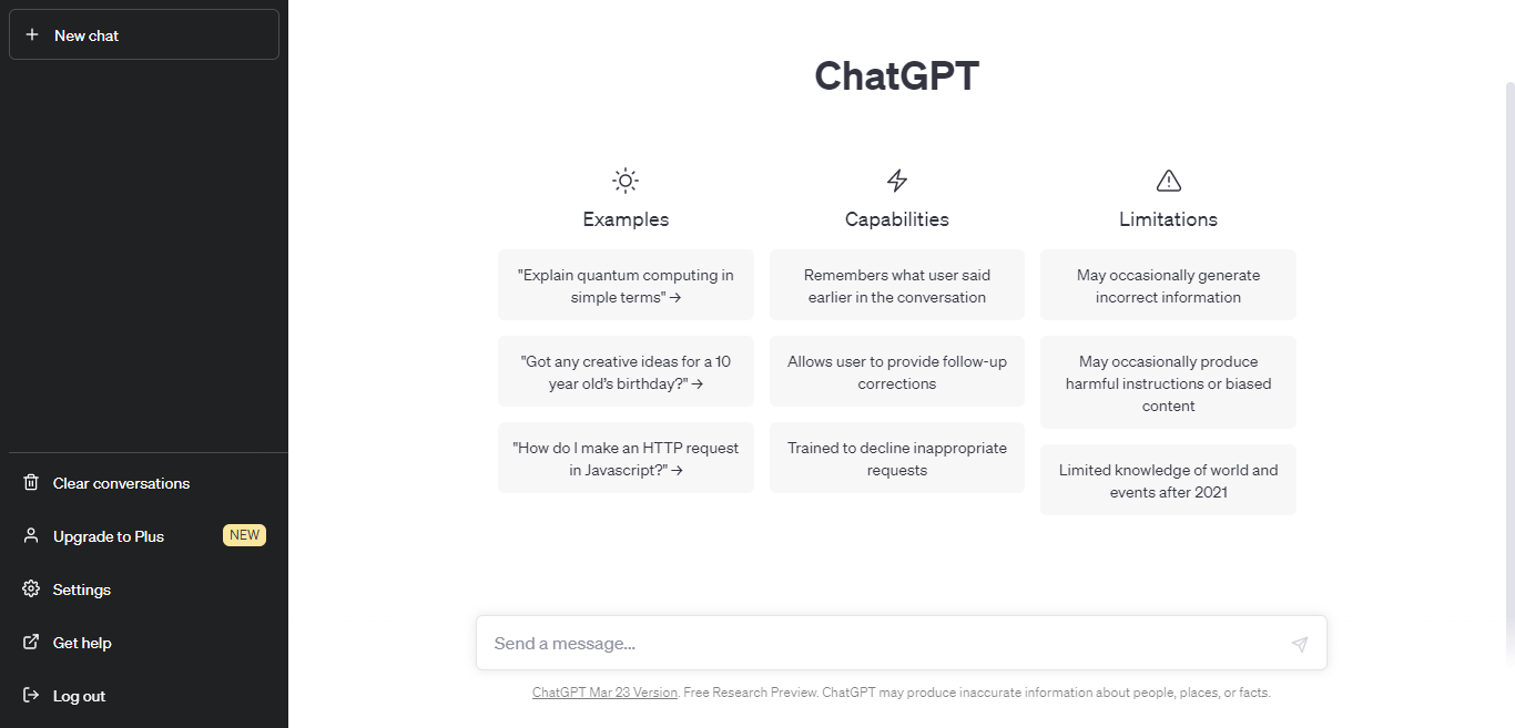 Interface inicial do ChatGPT