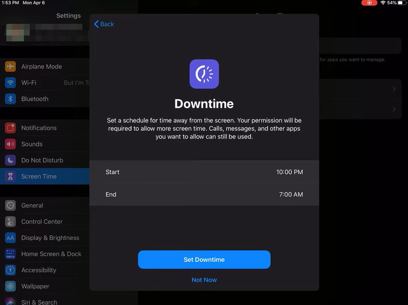  setting downtime on ipad