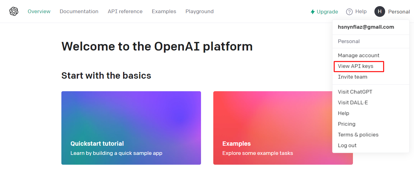 open API keys menu.