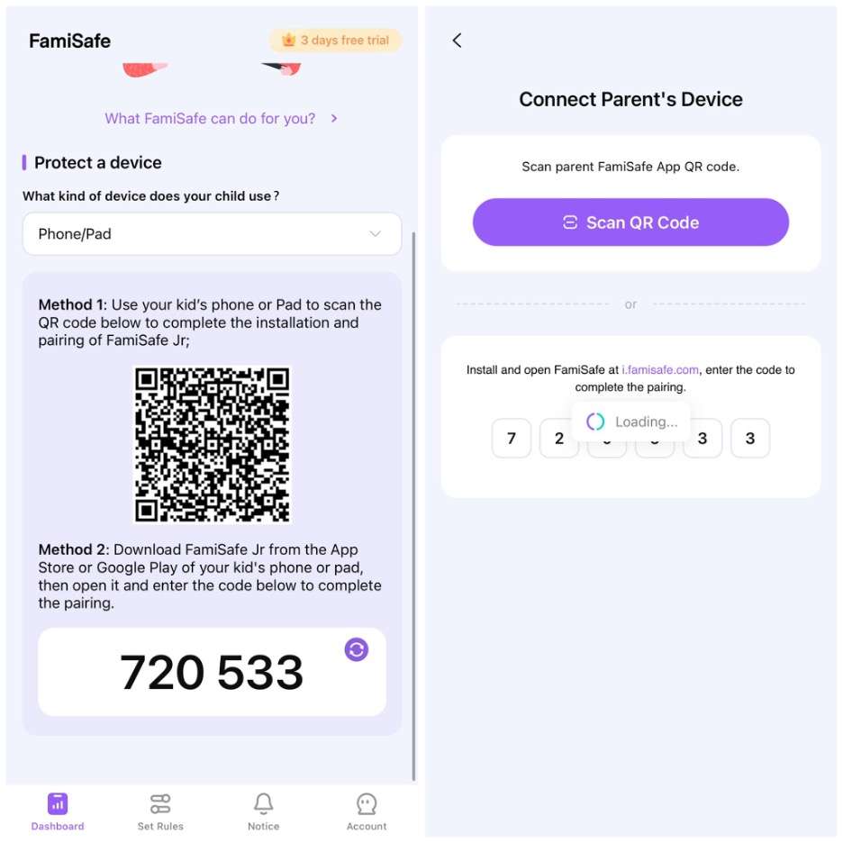  famisafe mobile device pairing interfaces