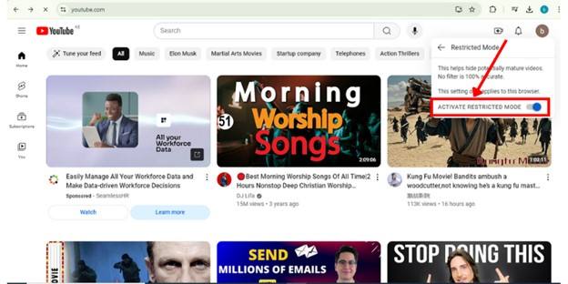 Activating Restricted Mode on YouTube Settings