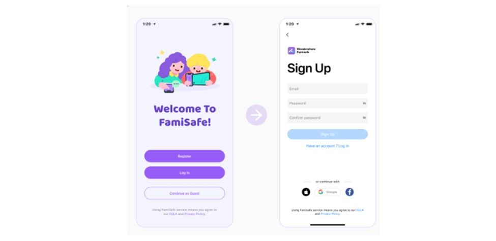 FamiSafe sign up page on Android