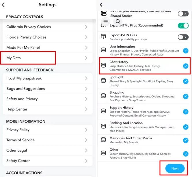 my data and chat history options