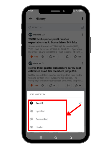 Sort Reddit Browsing History on Phone