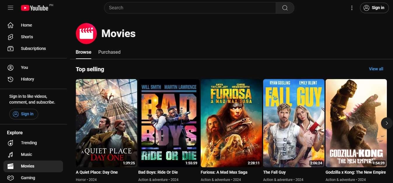 youtube top selling movies interface