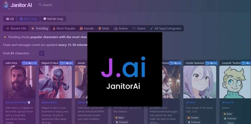 janitor.ai main website interface