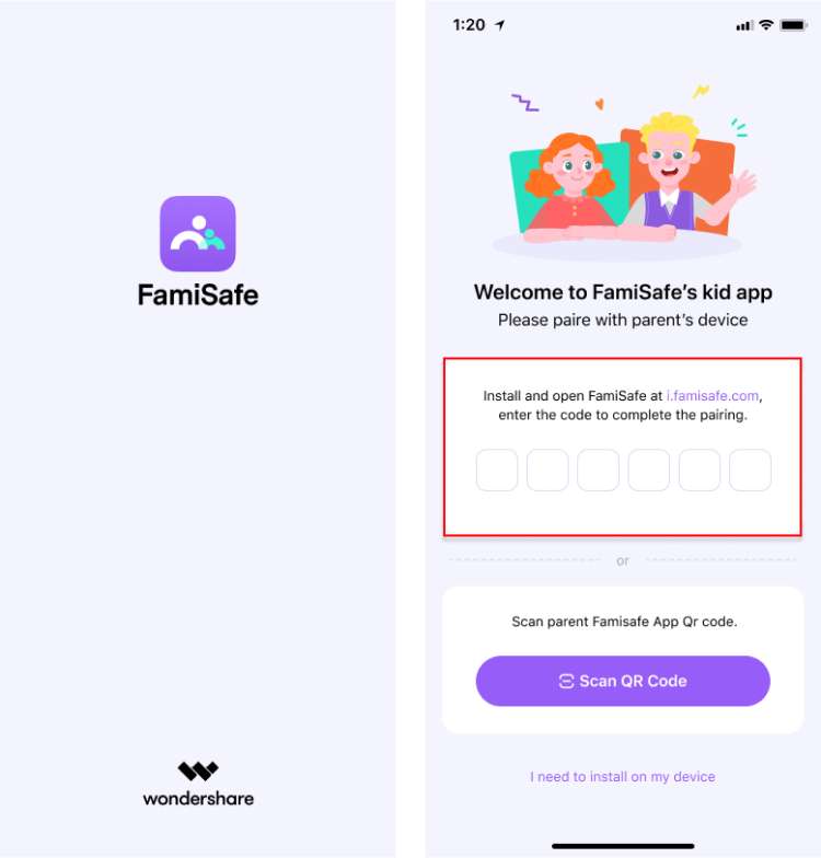 enter code on kids famisafe app 