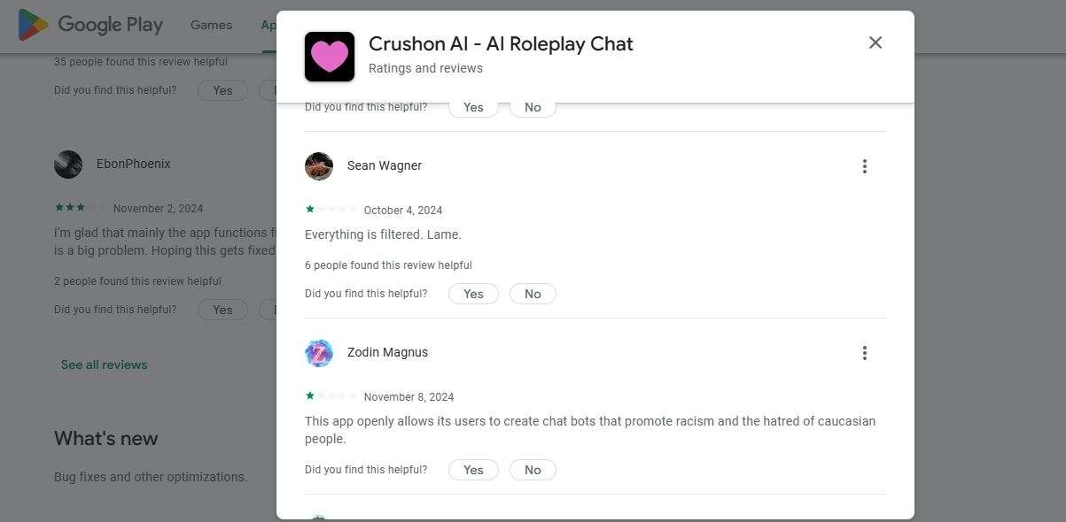 The negative reviews about CrushOn Ai.