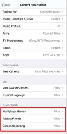 Control iPhone’s game center from content restriction settings.