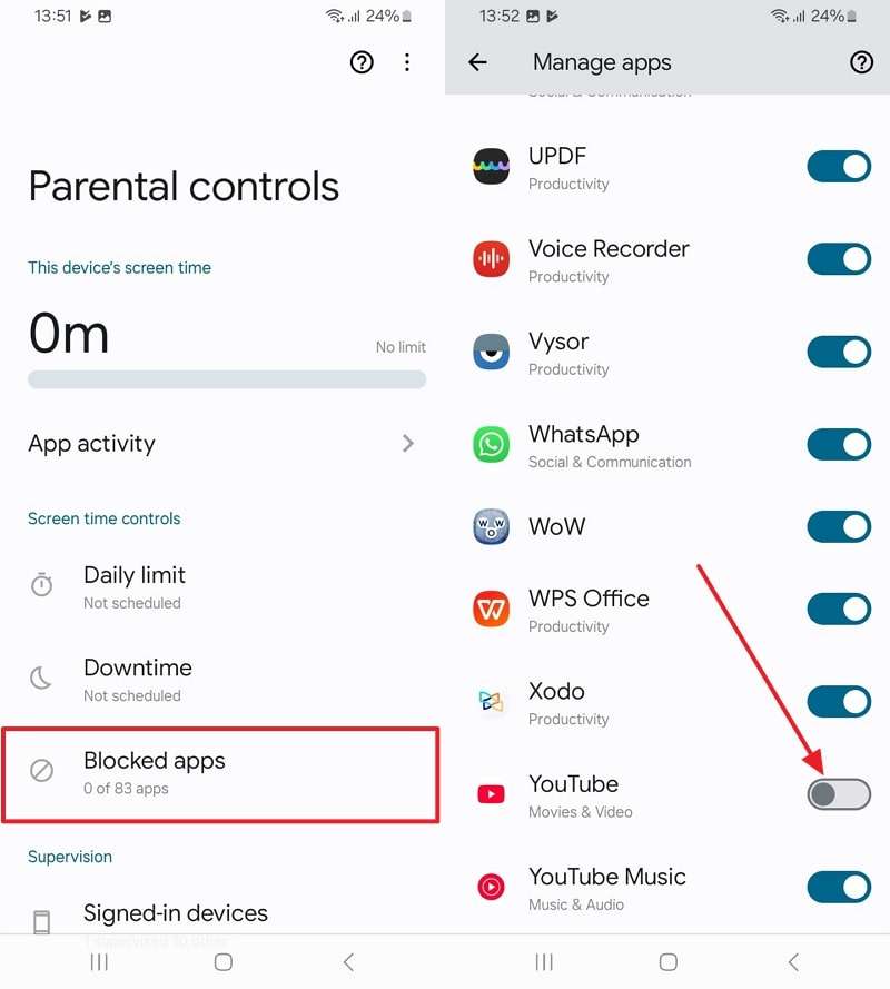 toggle off youtube from blocked apps 