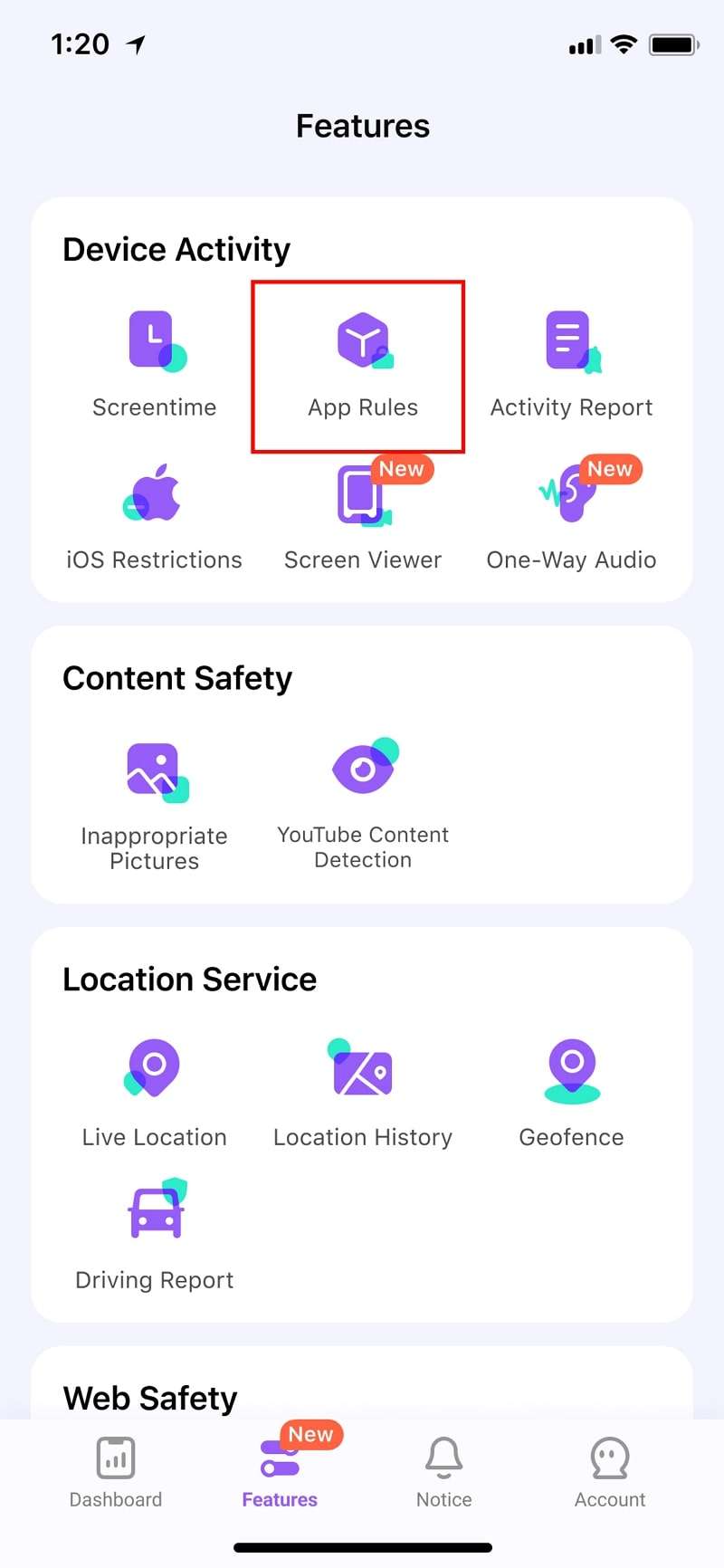 locate app rules feature of famisafe 