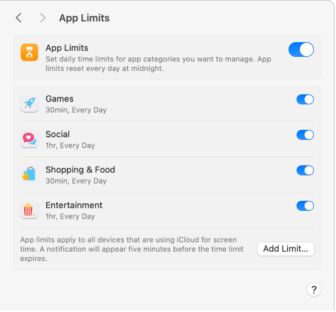 how to set app limits on apps mac 