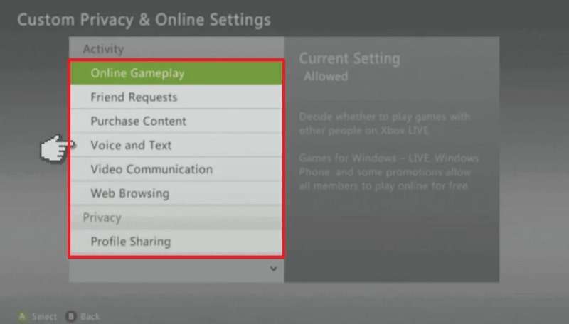 select any custom privacy settings