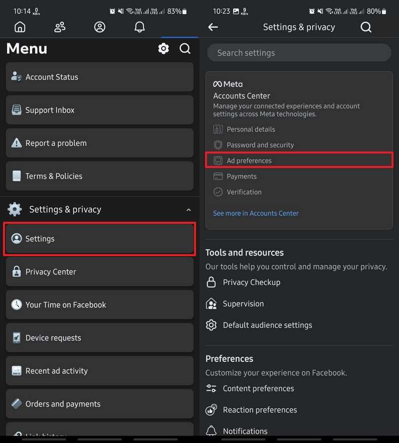 navigate to ad preference settings