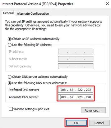 adjust preferred and alternate dns server 