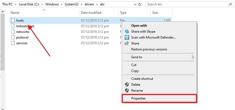 access properties of host file