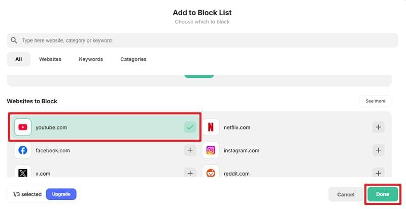 include youtube among websites to block 