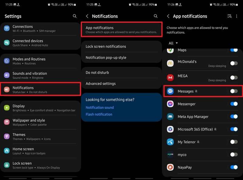 disable messages from app notifications 