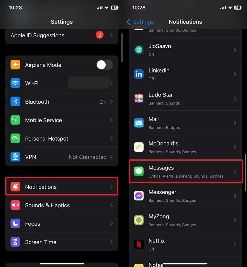 access messages from notifications settings 