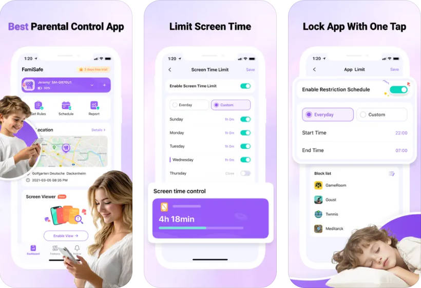 FamiSafe app showing location history timeline and geofence alerts