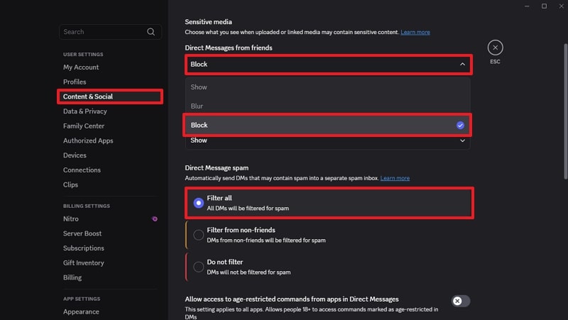 block direct messages and filter all 