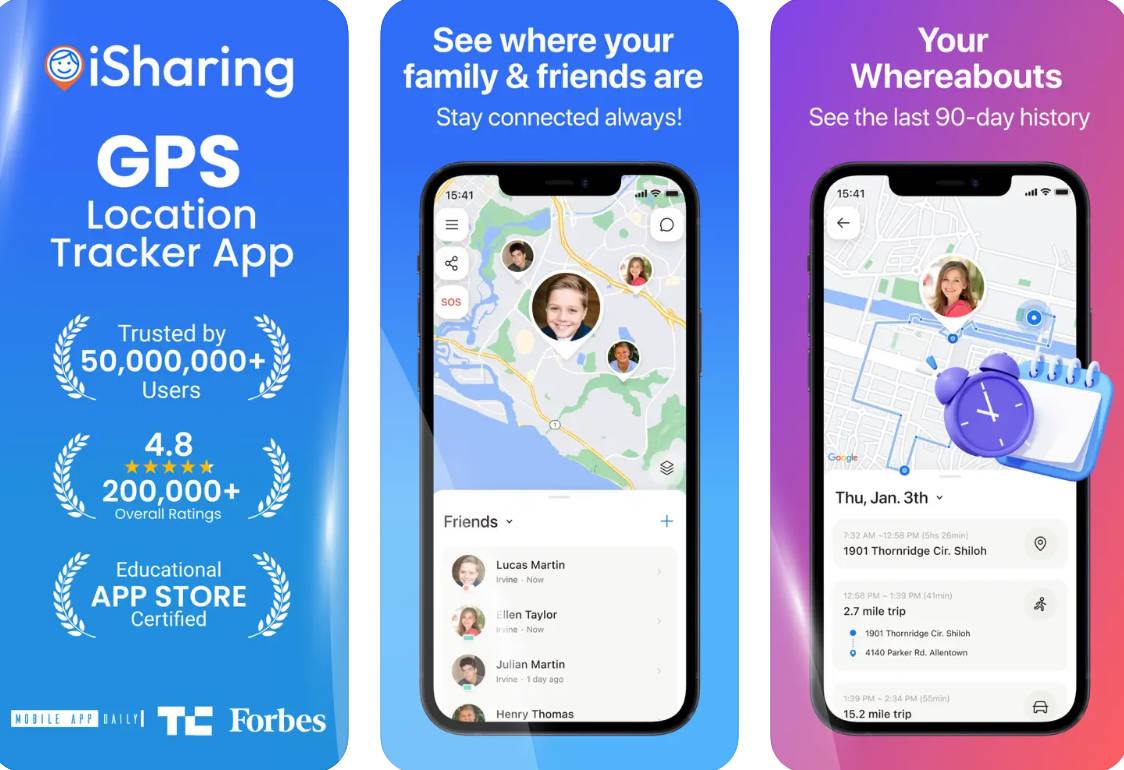 iSharing app showing real-time GPS alerts and location sharing