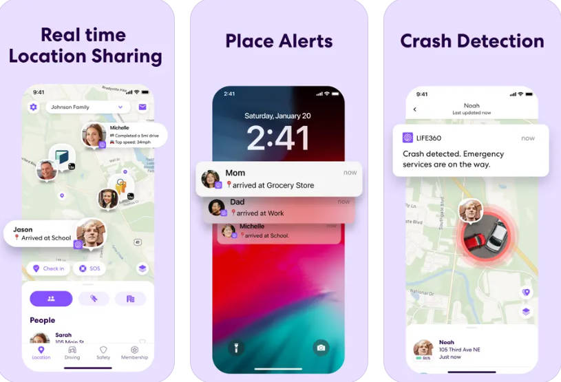 Life360 showing live family location and driving safety alerts