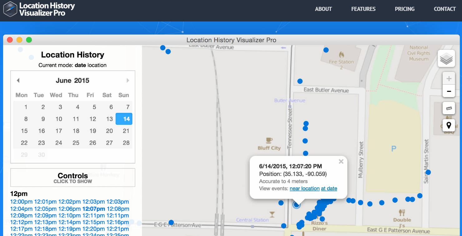 Location History Visualizer Pro showing Google GPS heatmap view