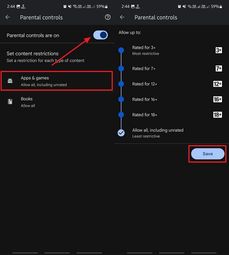 enable parental control settings and save