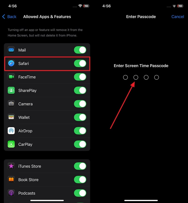 enable targeted app and enter passcode