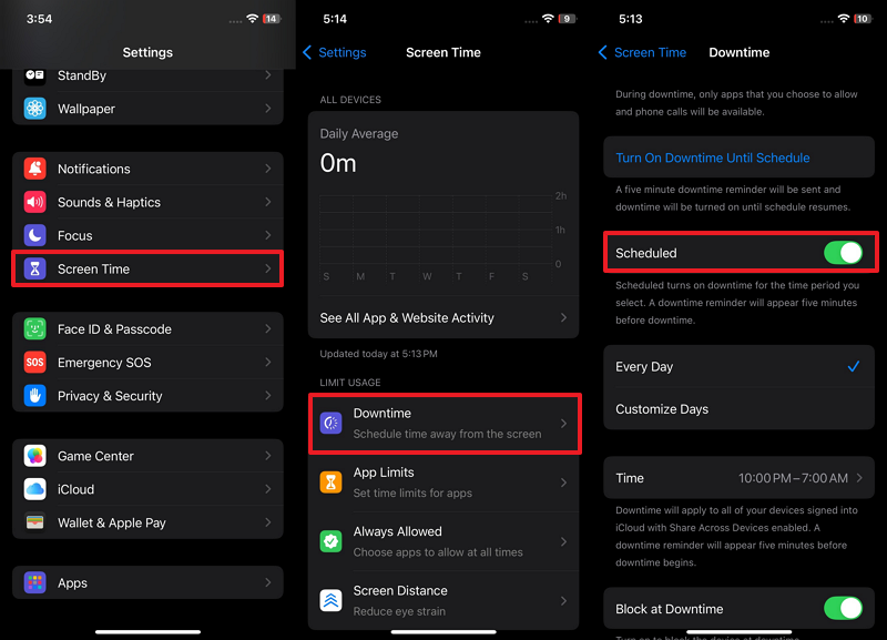 turn on scheduled downtime screen time 