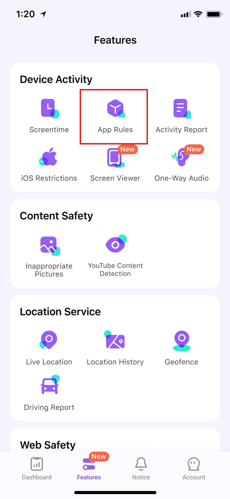 locate famisafe app rule feature 