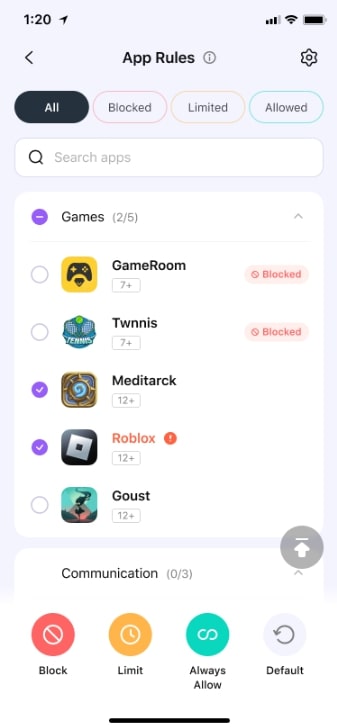 select targeted app for restrictions 