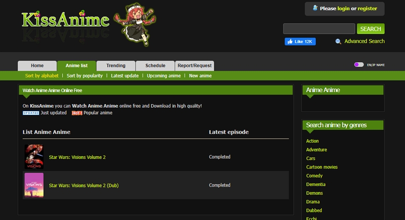kissanime main webpage 