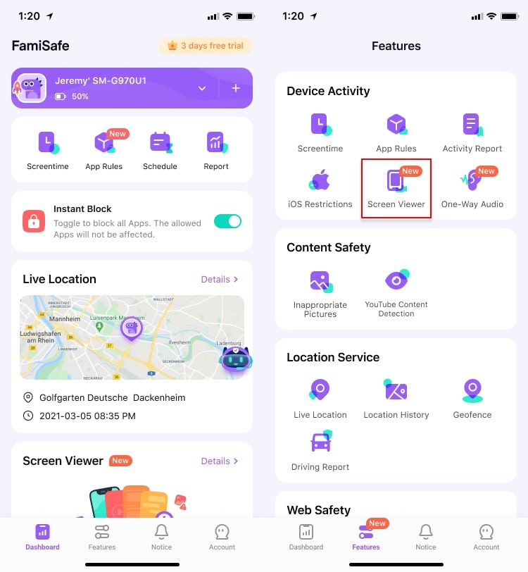 access screen viewer feature famisafe 