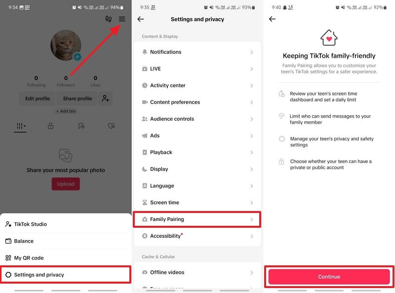 get family pairing feature from settings 