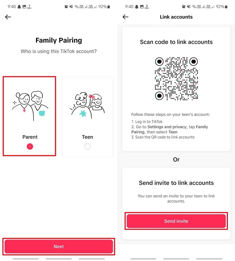 choose parent and send invite