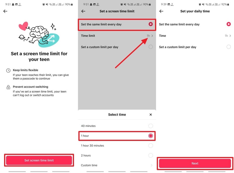 set screen time limit and continue 