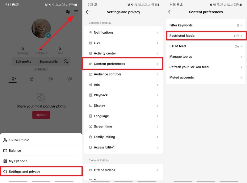 enter restricted mode of content preferences