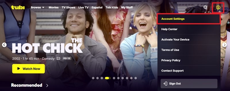 access account settings of tubi