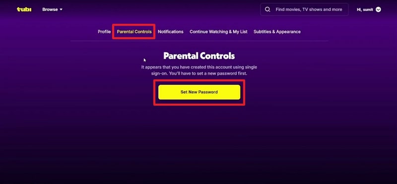 set new password on parental controls
