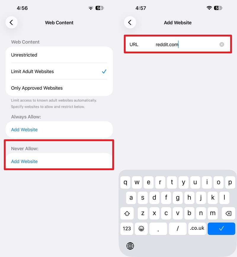 add Reddit website to the Never Allow list
