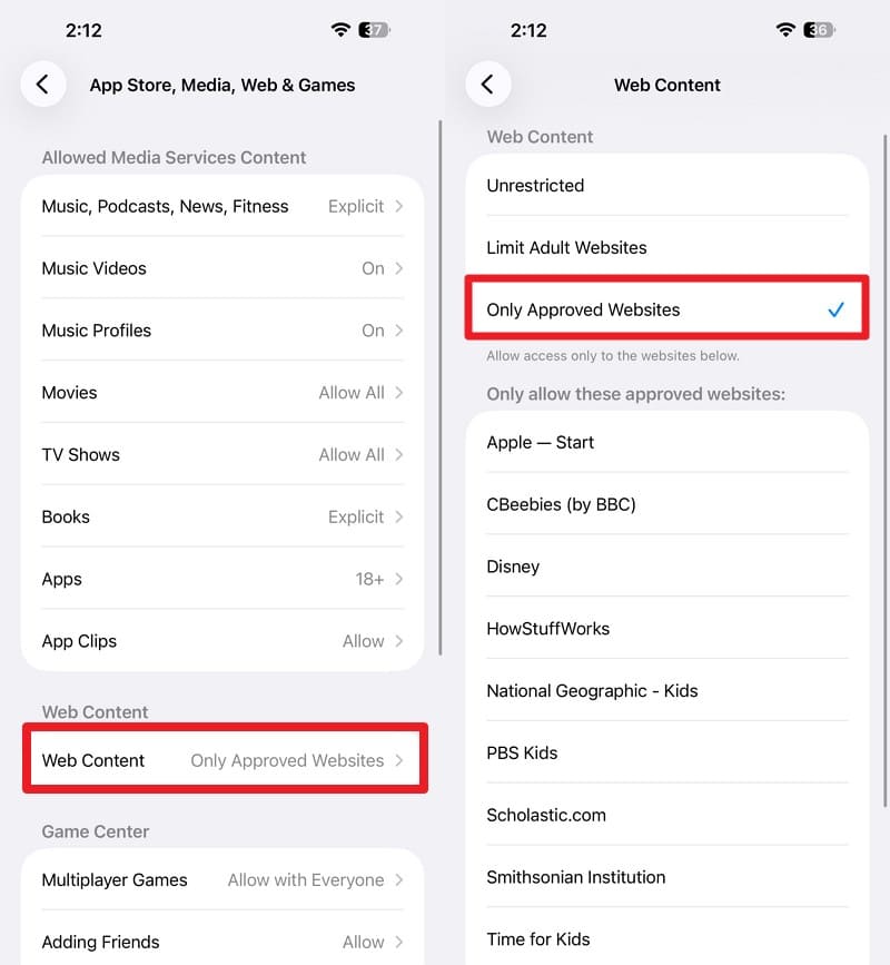 only approved websites setting on iPhone