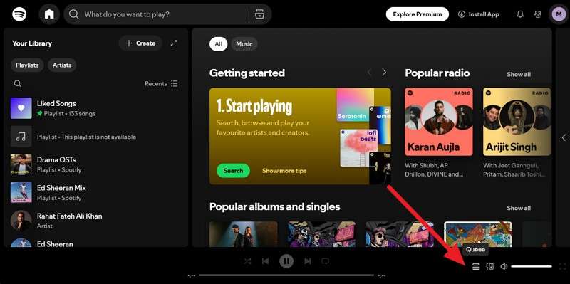 tap the Queue icon in Spotify web player