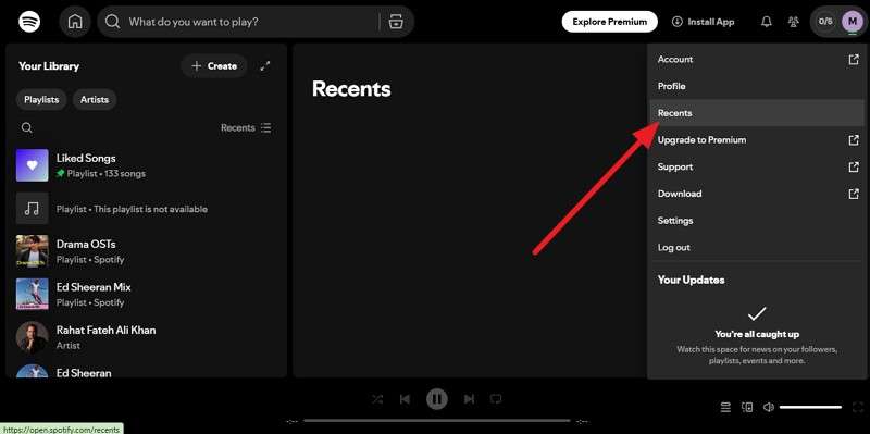 go to Recents in Spotify