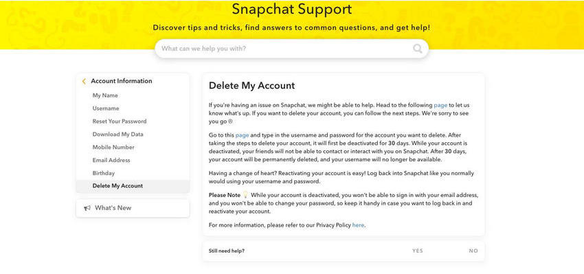 comment supprimer un compte snapchat