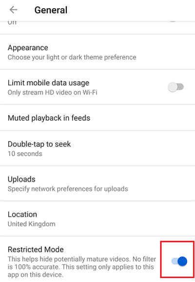 Turn on to put restrictions on youtube on android